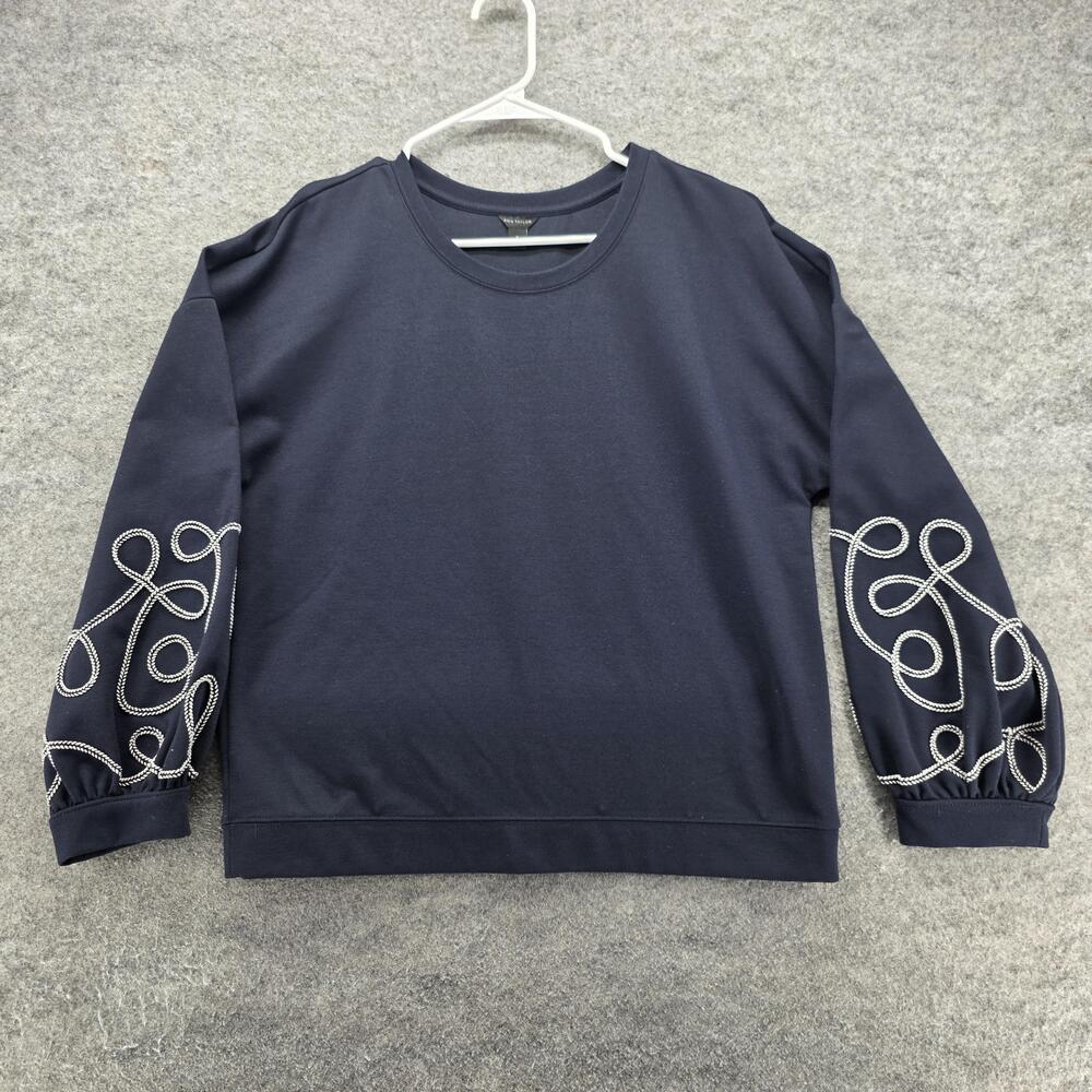 Ann Taylor Sweatshirt Womens M Blue Pullover Crewneck Balloon Sleeve Embroidered